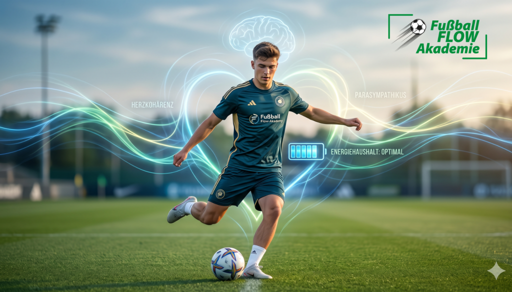 Fußballer im Training der Fußball Flow-Akademie mit visualisierter Herzkohärenz und optimalem Energiehaushalt.