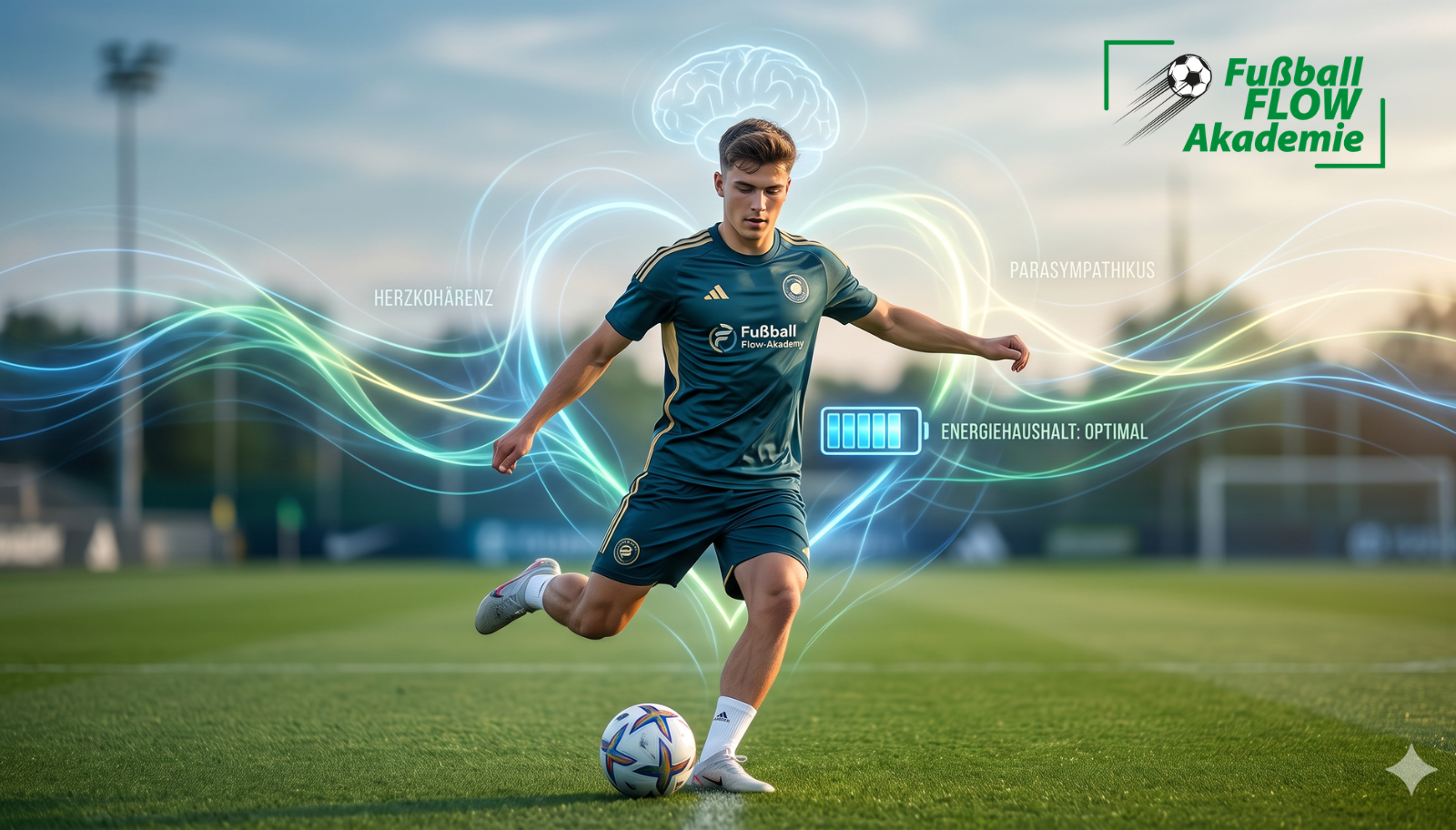 Fußballer im Training der Fußball Flow-Akademie mit visualisierter Herzkohärenz und optimalem Energiehaushalt.