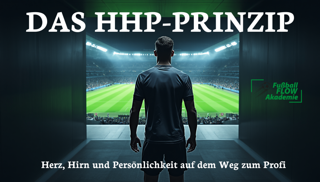 HHP-Prinzip Trainingskonzept der Fußball Flow Akademie: Ein ambitionierter Nachwuchsfußballer blickt aus einem dunklen Spielertunnel auf das hell erleuchtete, grüne Rasenfeld eines vollbesetzten Stadions. Bild: Erzeugt mit Künstlicher Intelligenz