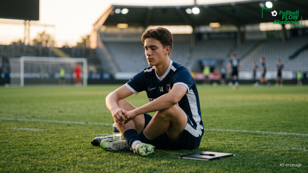Mentale Gesundheit im Nachwuchsfußball – Jugendspieler fokussiert auf dem Fußballplatz KI-Erzeugt